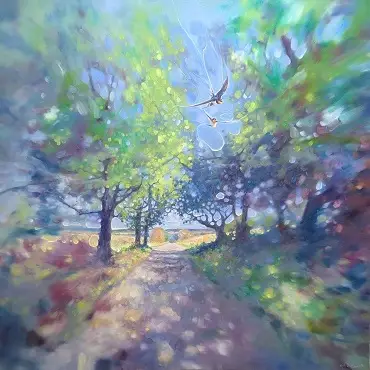 Swallows fly through a woodland, an oil painting by Gill Bustamante on the UK Artists online art gallery